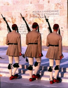 Evzones guard the Greek Parliament House